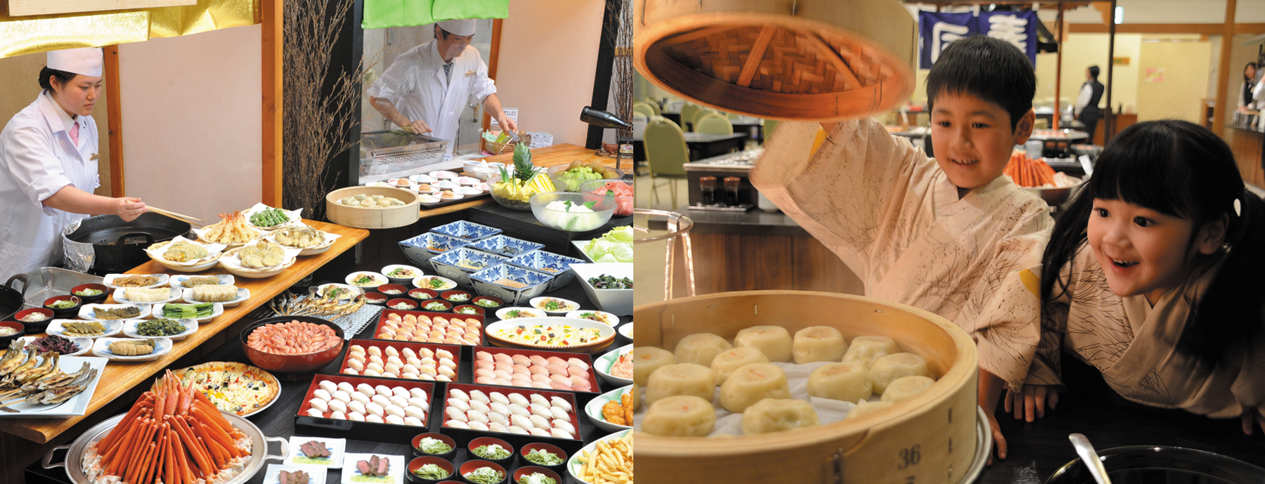 A spread of more than 70 dishes for breakfast and dinnerThe only buffet dinner option in the Omachi Hot Spring Town